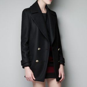 ZARA WOMENS BLACK DOUBLE BREASTED WOOL MILITARY COAT SIZE S